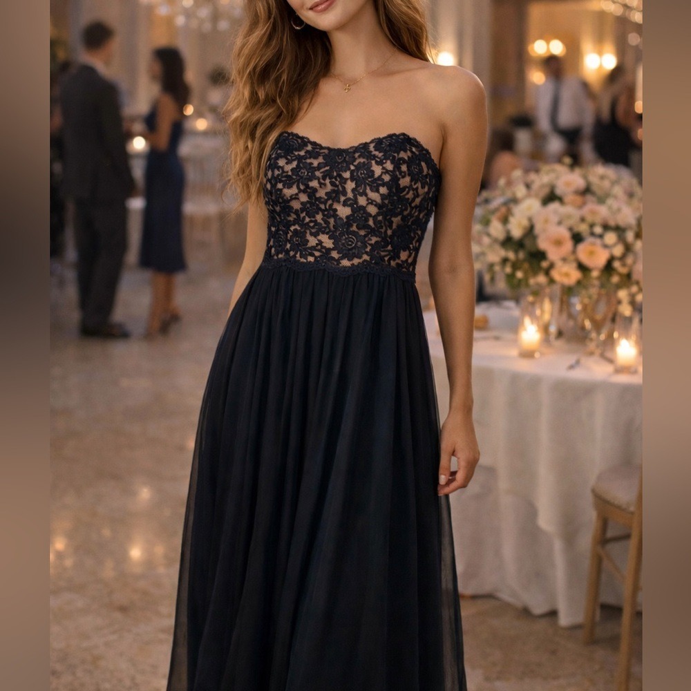 May Queen Black Strapless Lace Bodice Evening Gown